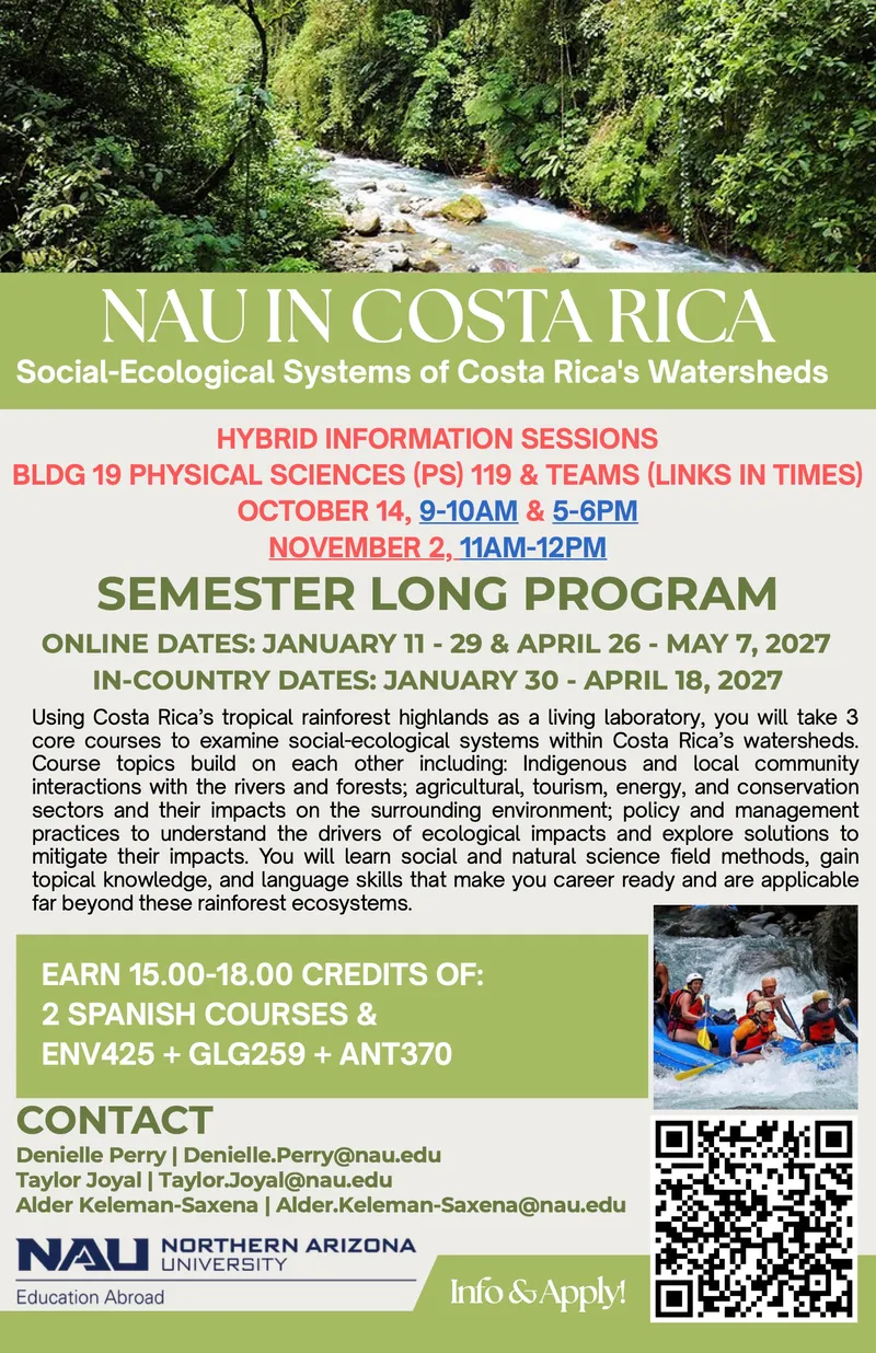 Flyer for the Spring 2027 NAU in Costa Rica semester-long program, with information-session dates, course details, faculty contacts and an application QR code.