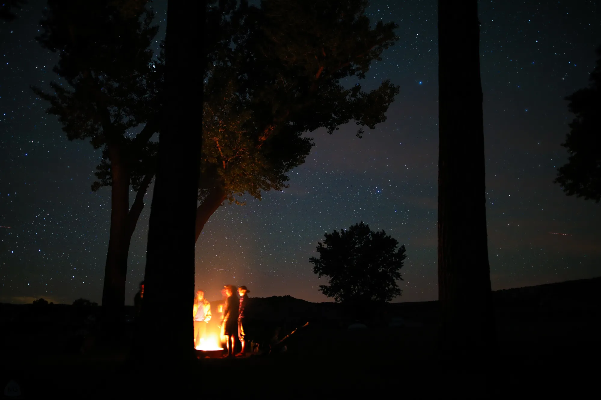 A campfire under a starry sky